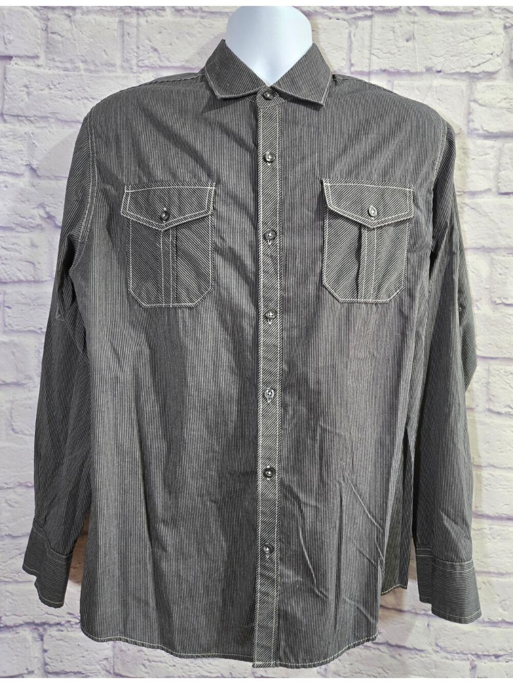 Michael Brandon Black White Striped Long Roll Tab Sleeve Button Up Men's Shirt M